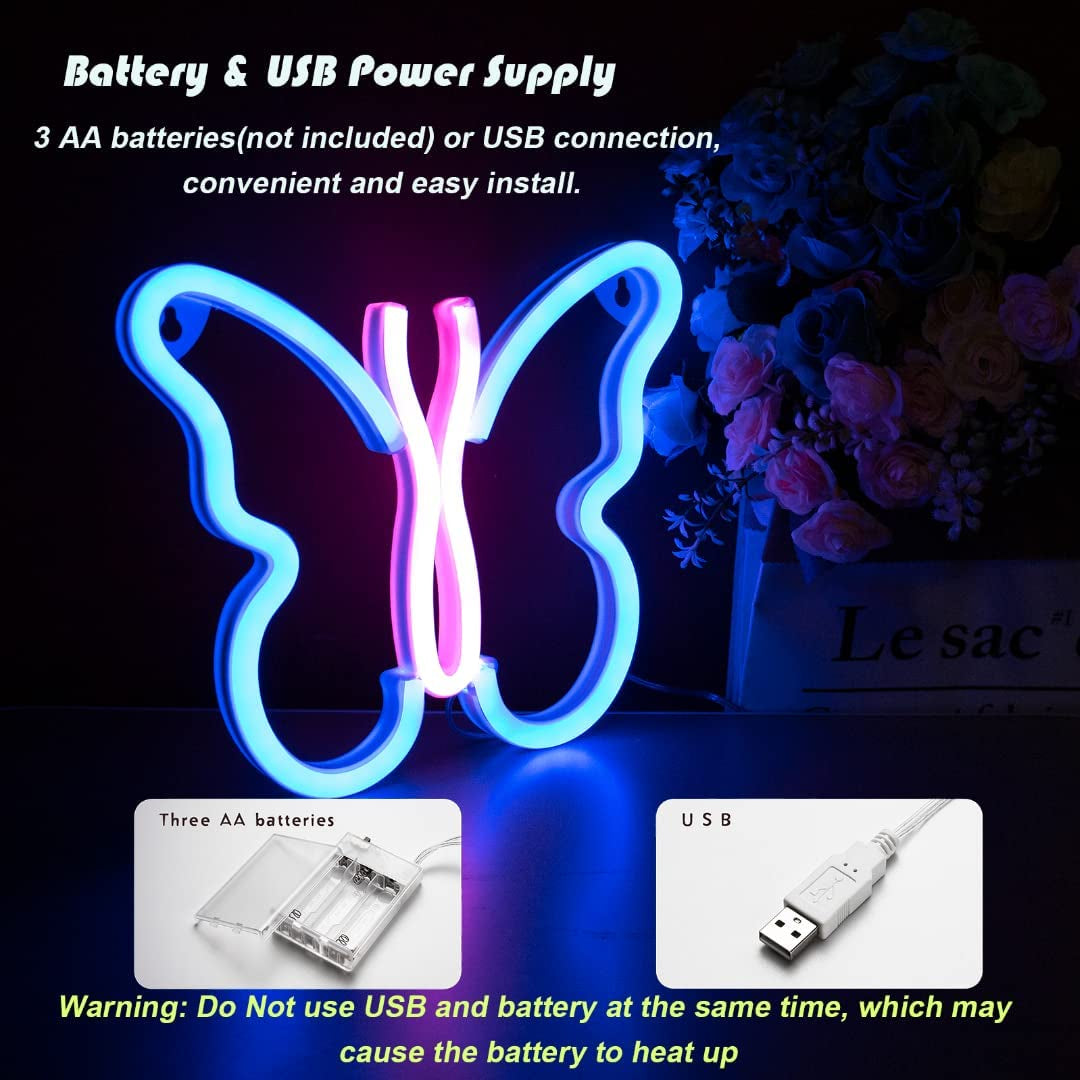 Butterfly Neon Signs Lights for Bedroom Wall Decor, USB or Battery LED Neon Night Light Wall Decoration, Aesthetic Room Decor for Girls, Kids, Living Room, Bar, Dorm,Men Cave