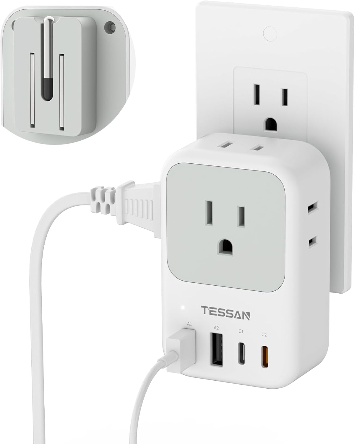 USB C Charger Block 20W,  PD Fast Charging Adapter with Foldable Plug, 1875W Power Outlet Extender(4 AC and 4 USB) for Cruise, Home, Office, Dorm