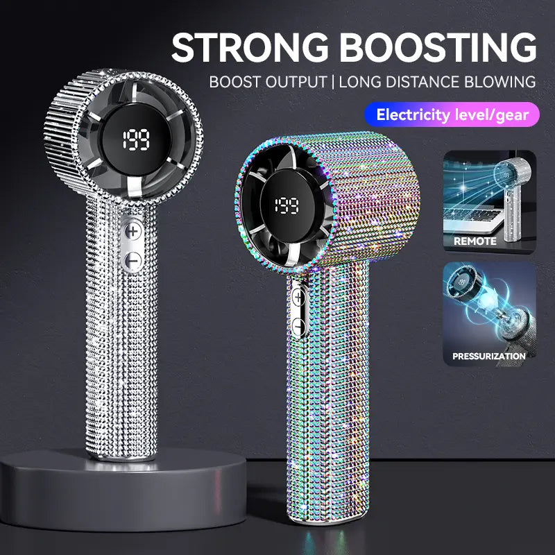 Diamond-Shimmering Luxury Fan-A Portable Handheld Turbo Fan 3 Gear Wind Rechargeable Long Battery Life Hand Fan with Digital Display for Outdoor Activities Travel Office Strong Boosting Output Long Distance Blowing