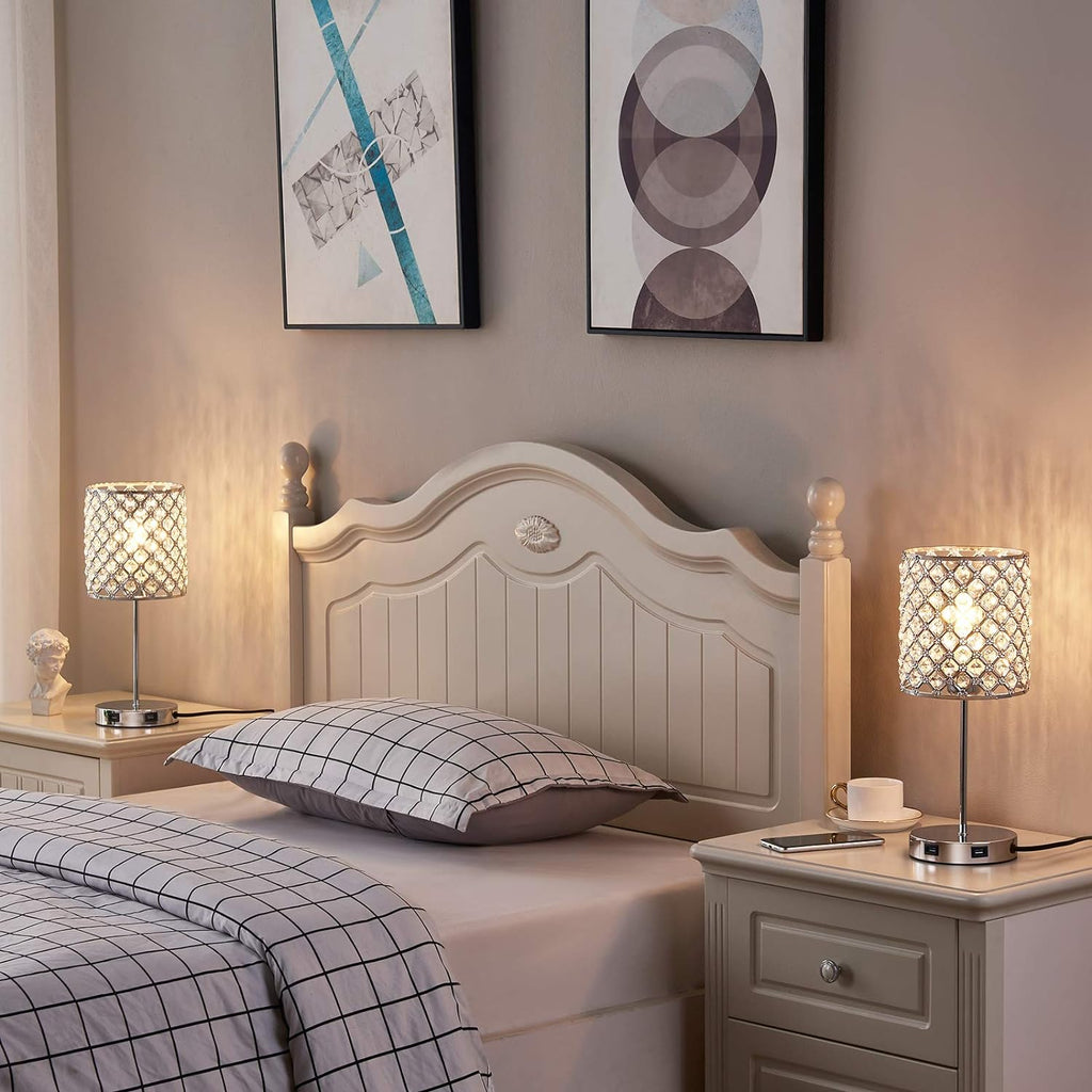 Set of 2 Touch Table Lamp, Sliver Crystal Lamp Set of 2, 3 Way Dimmable Bedside Lamps with Dual USB Ports, Nightstand Lamps for Bedrooms Desk Light for Girl Room, Living Room(Included 2 Bulbs)…