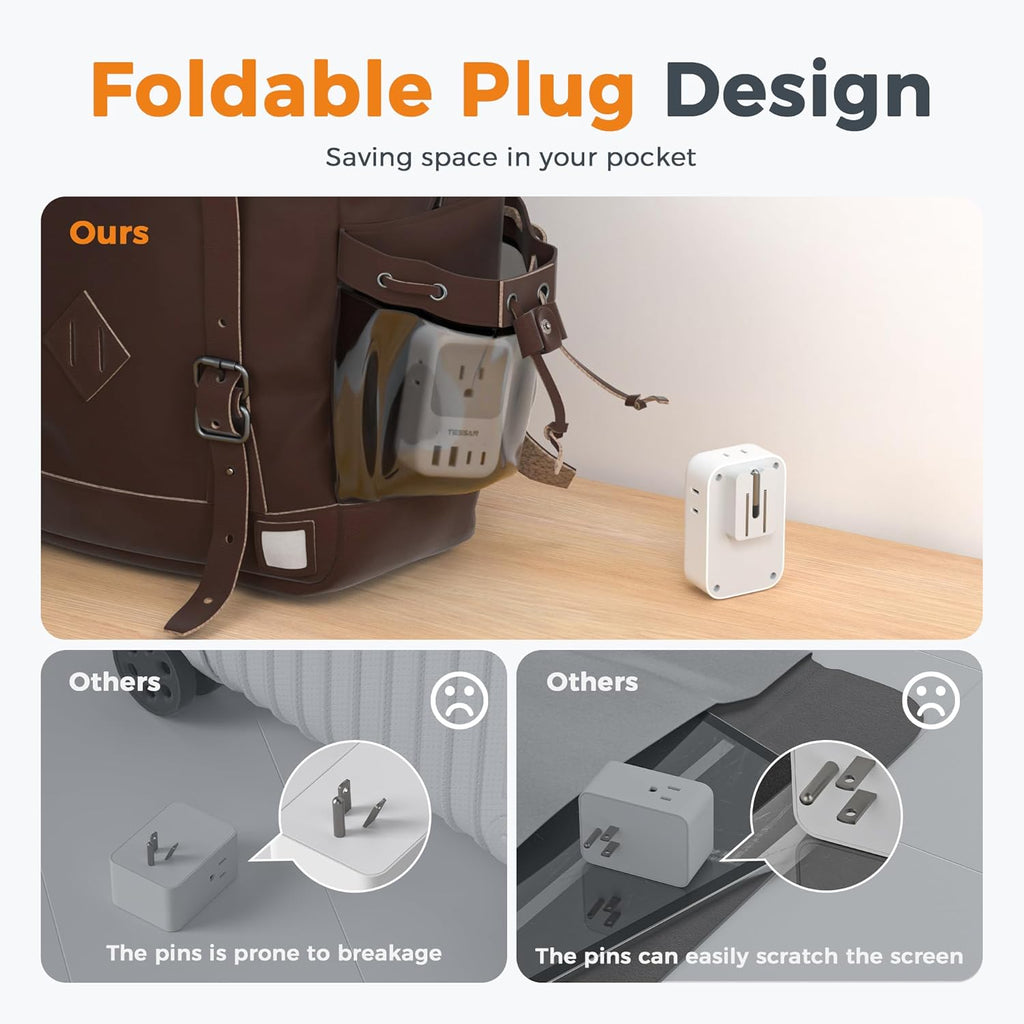 USB C Charger Block 20W,  PD Fast Charging Adapter with Foldable Plug, 1875W Power Outlet Extender(4 AC and 4 USB) for Cruise, Home, Office, Dorm