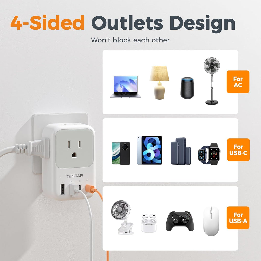 USB C Charger Block 20W,  PD Fast Charging Adapter with Foldable Plug, 1875W Power Outlet Extender(4 AC and 4 USB) for Cruise, Home, Office, Dorm