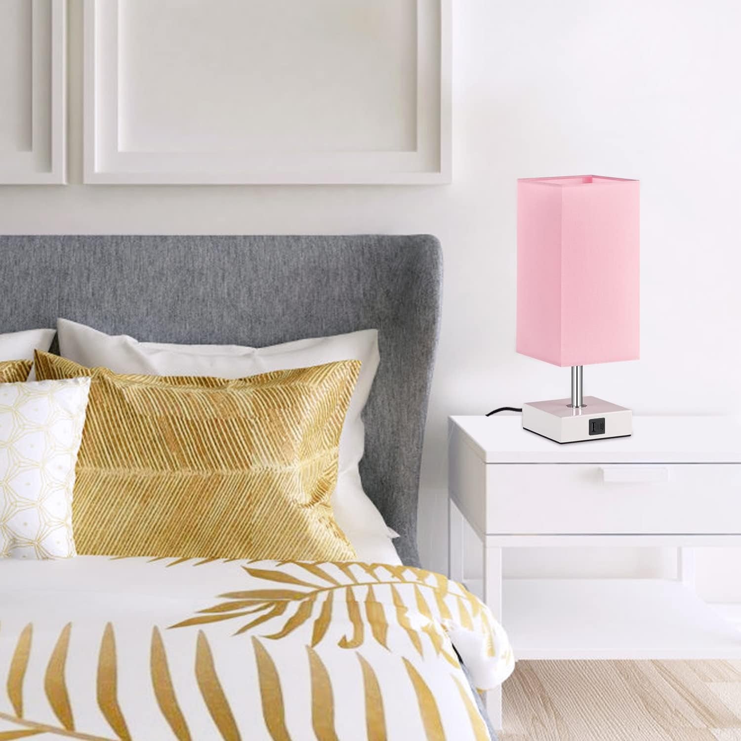 Touch Control Table Lamp with 2 USB Charging Ports, 3 Way Touch Lamps beside Desk, Nightstand Lamp for Bedrooms Living Room, Pink Shade with White Base, LED Bulb Included(Pink)